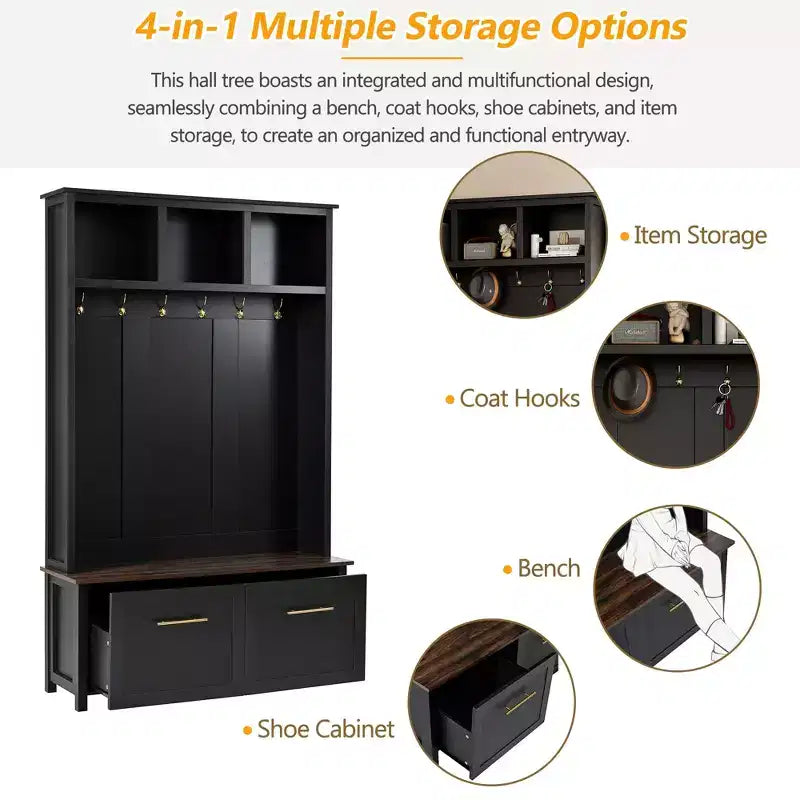 4-in-1 Entryway Hall Tree with 6 Hooks, Bench, Shoe Storage and 2 Drawers