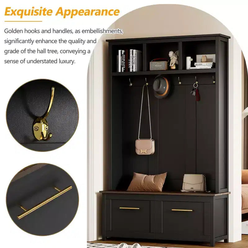 4-in-1 Entryway Hall Tree with 6 Hooks, Bench, Shoe Storage and 2 Drawers