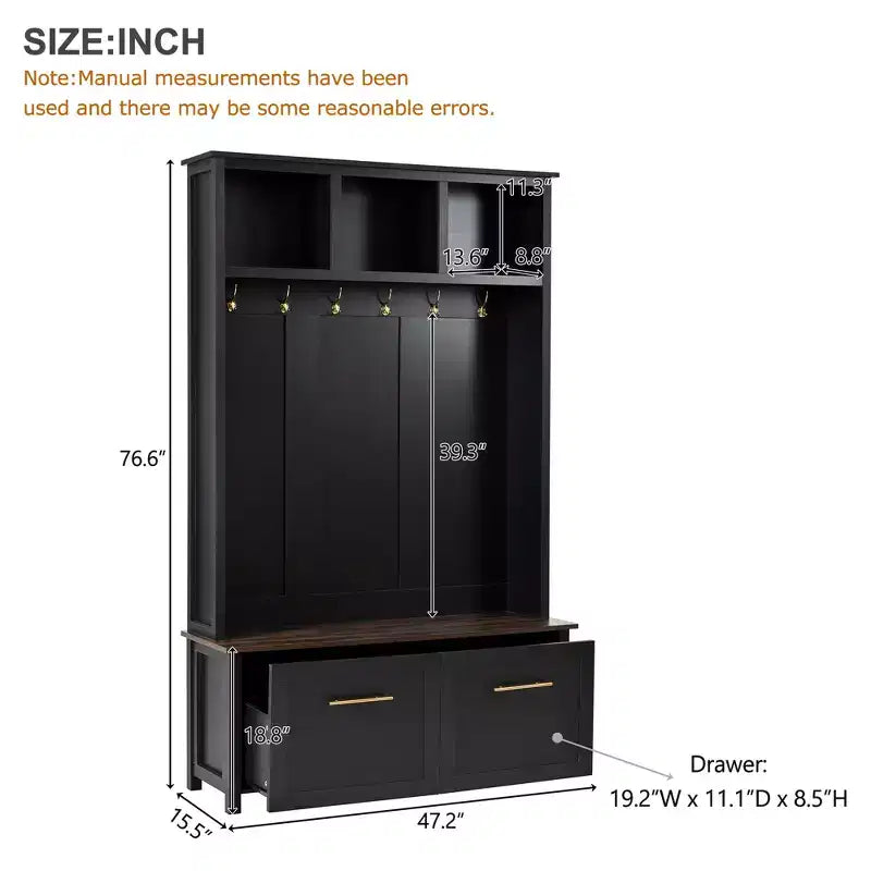 4-in-1 Entryway Hall Tree with 6 Hooks, Bench, Shoe Storage and 2 Drawers