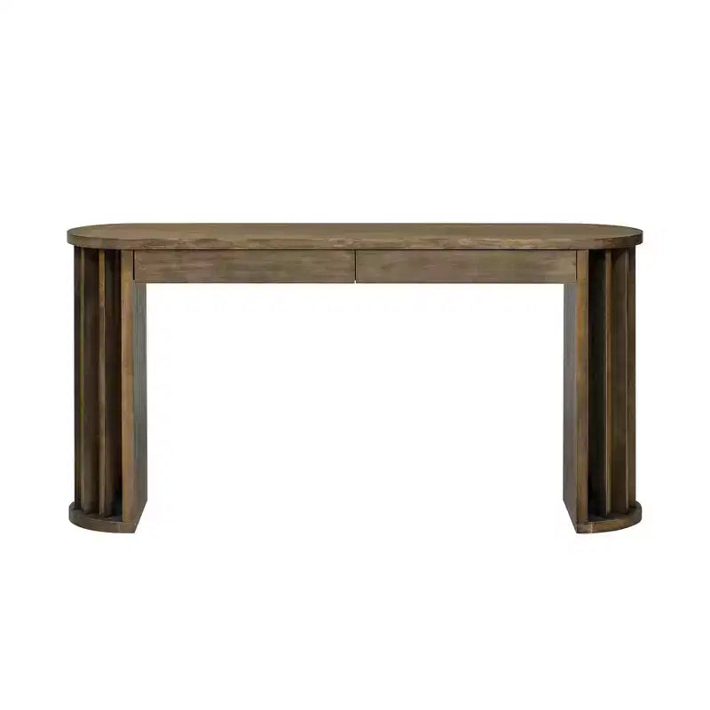 59" Console Table with Curved Fan-Shaped Legs, Natural Oak Veneer