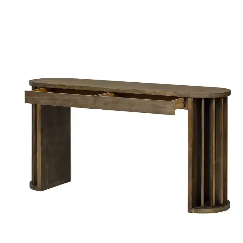 59" Console Table with Curved Fan-Shaped Legs, Natural Oak Veneer