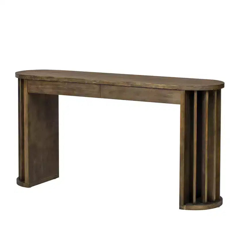 59" Console Table with Curved Fan-Shaped Legs, Natural Oak Veneer