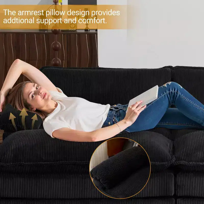 90" Off-White Corduroy Modular Cloud Couch with Ottoman