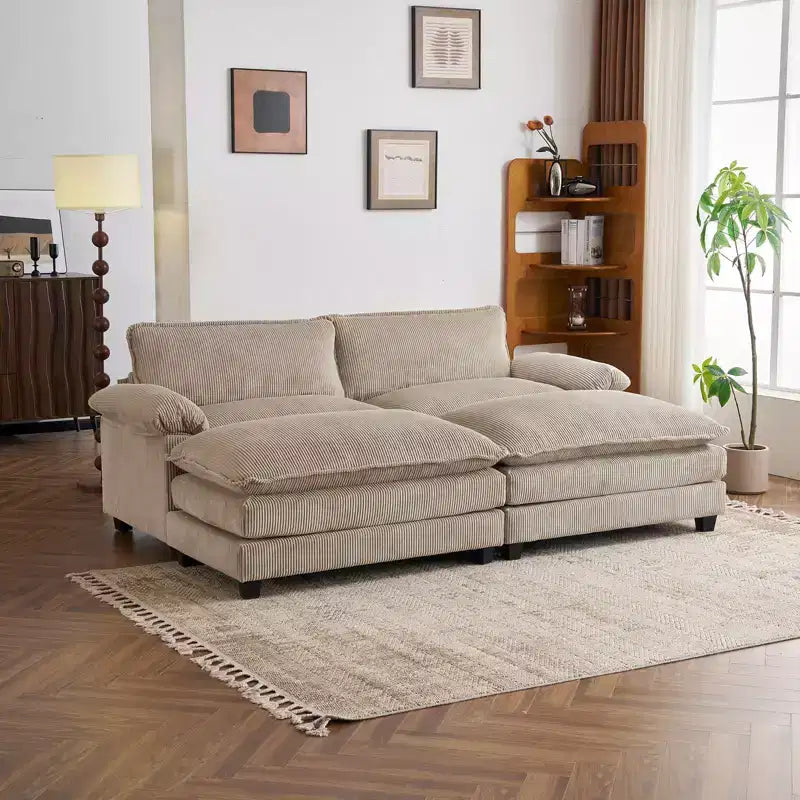 90" Off-White Corduroy Modular Cloud Couch with Ottoman
