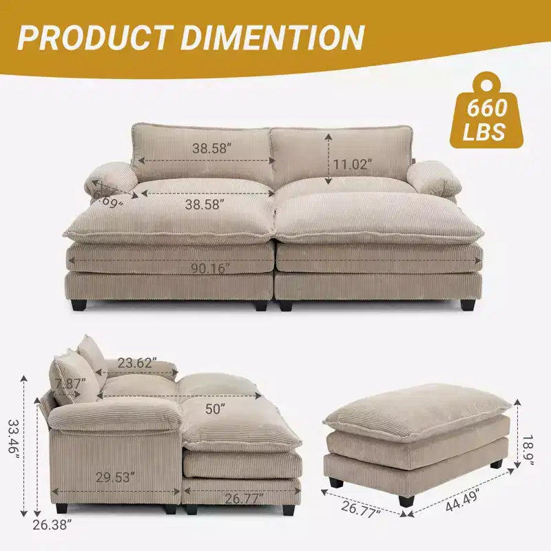 90" Off-White Corduroy Modular Cloud Couch with Ottoman