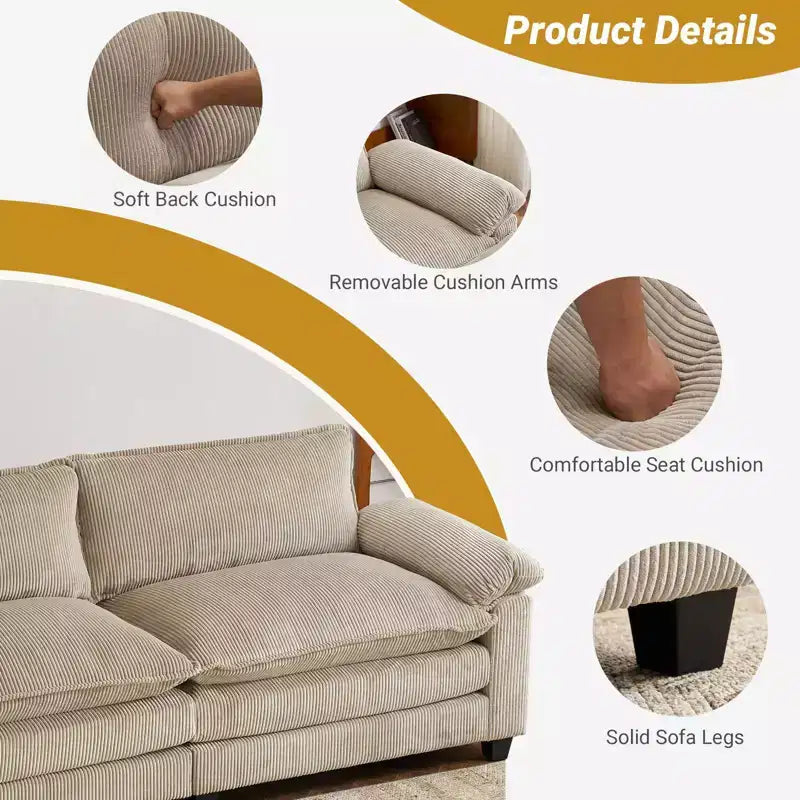 90" Off-White Corduroy Modular Cloud Couch with Ottoman