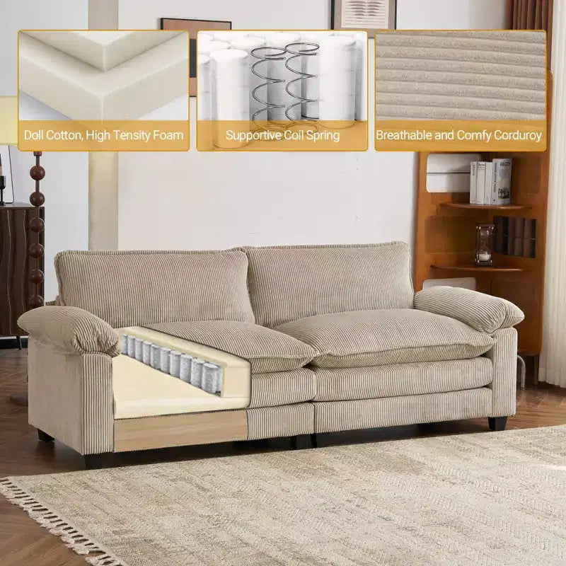 90" Off-White Corduroy Modular Cloud Couch with Ottoman