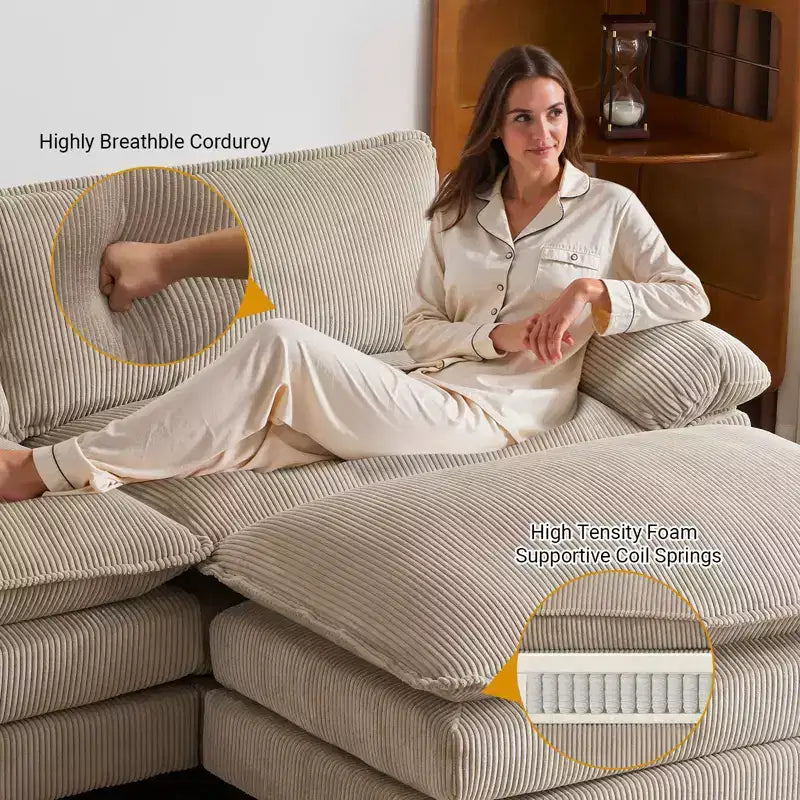 90" Off-White Corduroy Modular Cloud Couch with Ottoman