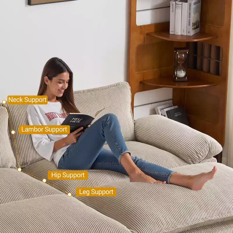 90" Off-White Corduroy Modular Cloud Couch with Ottoman
