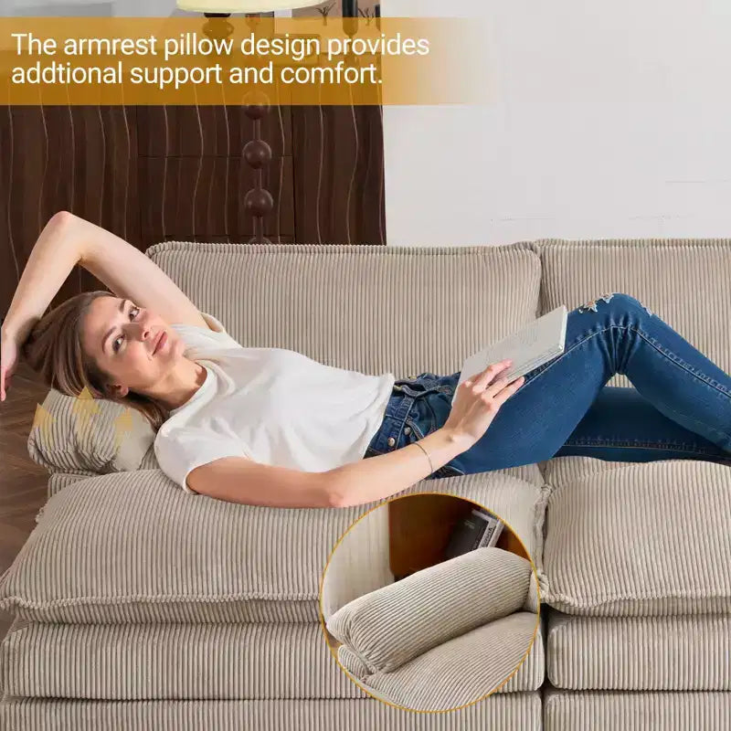 90" Off-White Corduroy Modular Cloud Couch with Ottoman