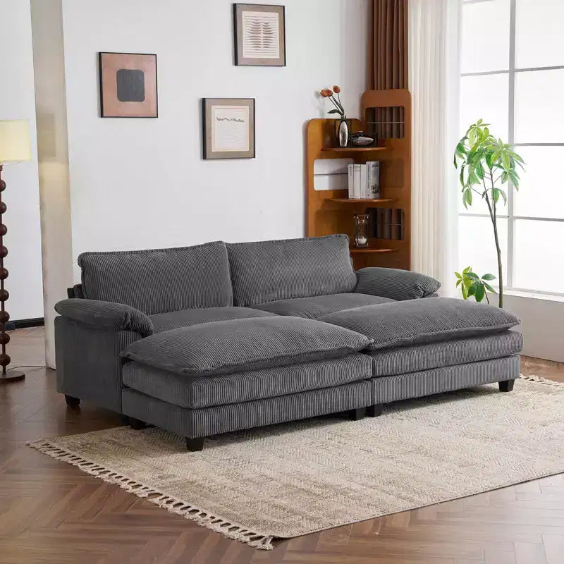 90" Off-White Corduroy Modular Cloud Couch with Ottoman