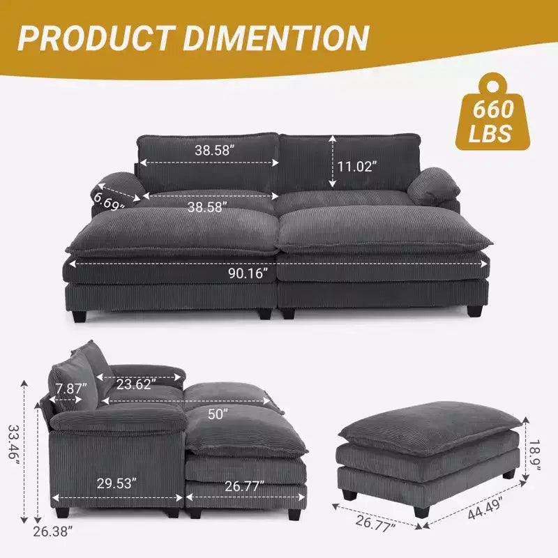 90" Off-White Corduroy Modular Cloud Couch with Ottoman