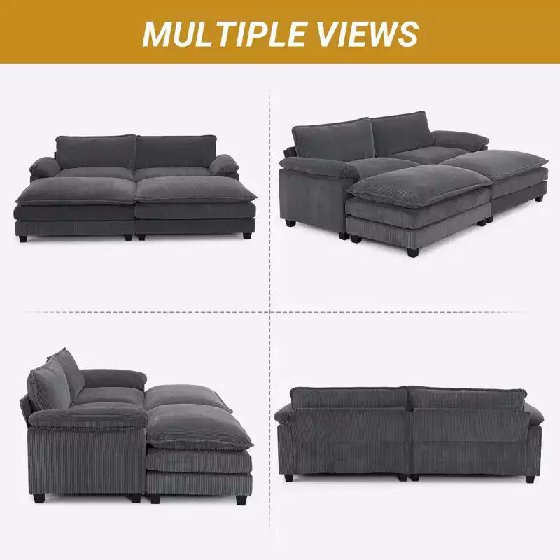 90" Off-White Corduroy Modular Cloud Couch with Ottoman