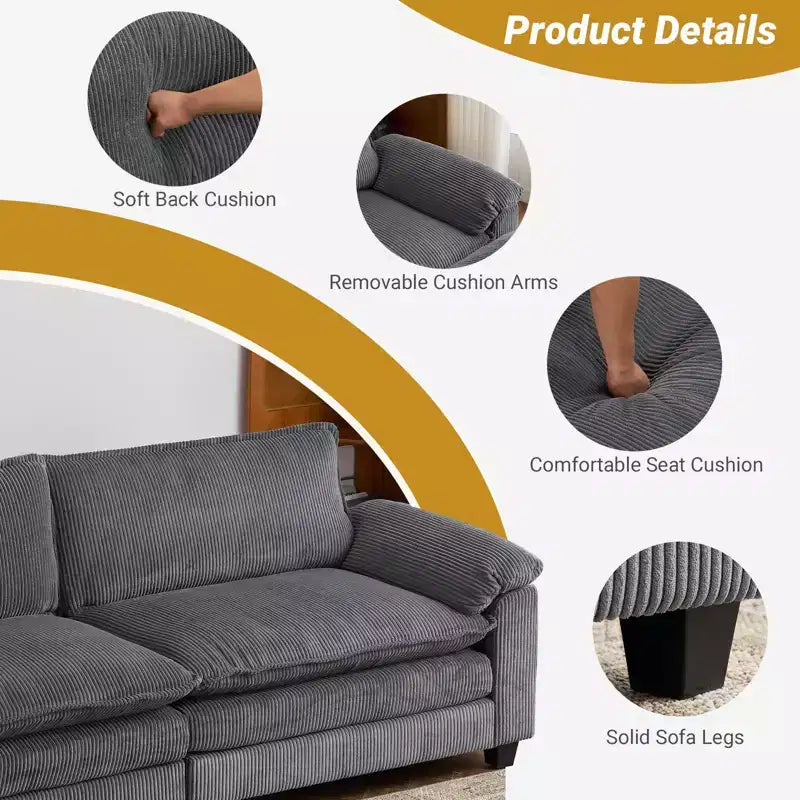 90" Off-White Corduroy Modular Cloud Couch with Ottoman