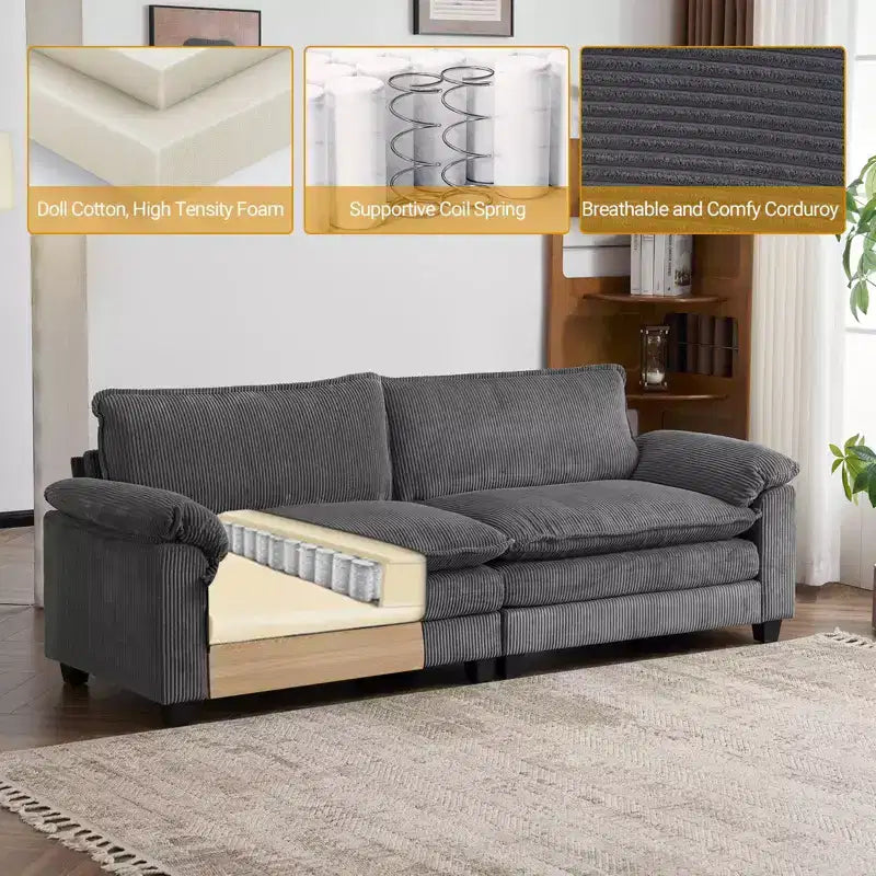 90" Off-White Corduroy Modular Cloud Couch with Ottoman
