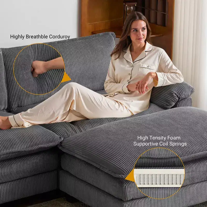 90" Off-White Corduroy Modular Cloud Couch with Ottoman