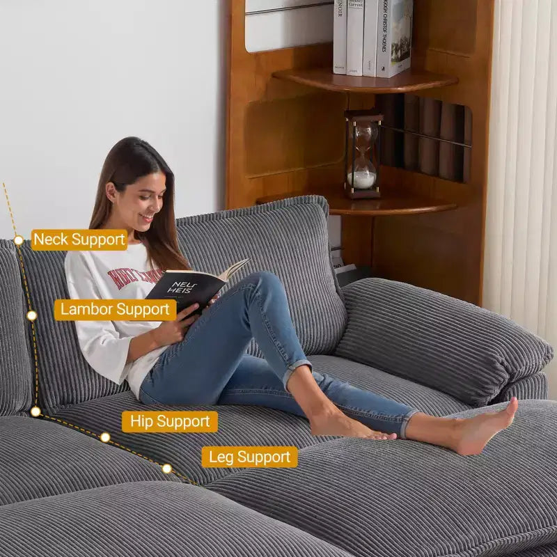 90" Off-White Corduroy Modular Cloud Couch with Ottoman