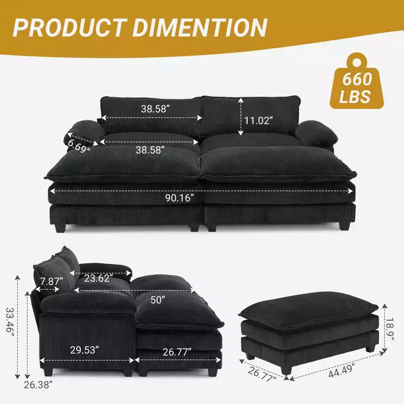 90" Off-White Corduroy Modular Cloud Couch with Ottoman