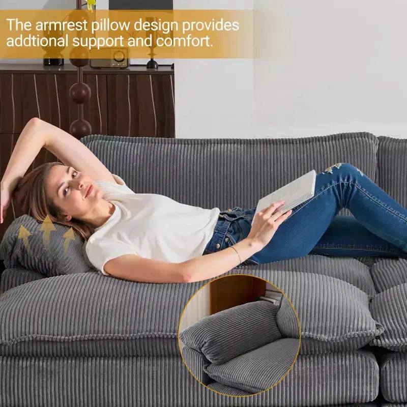 90" Off-White Corduroy Modular Cloud Couch with Ottoman