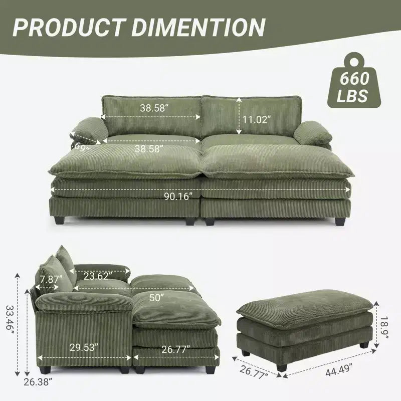 90" Off-White Corduroy Modular Cloud Couch with Ottoman