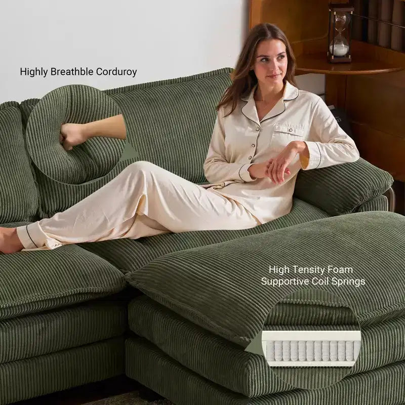 90" Off-White Corduroy Modular Cloud Couch with Ottoman