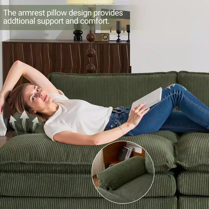 90" Off-White Corduroy Modular Cloud Couch with Ottoman