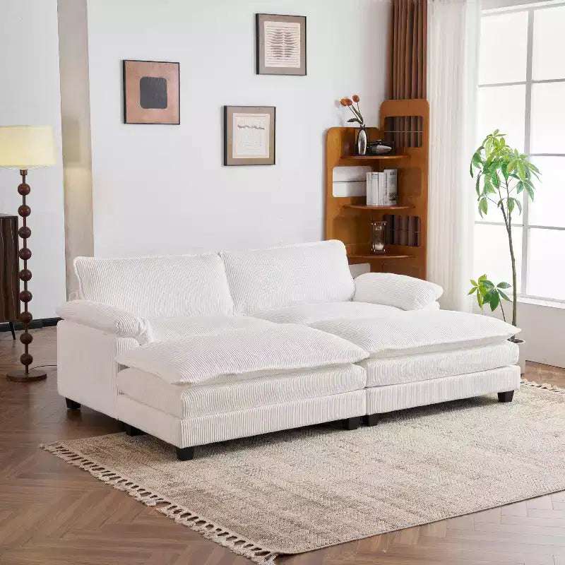 90" Off-White Corduroy Modular Cloud Couch with Ottoman