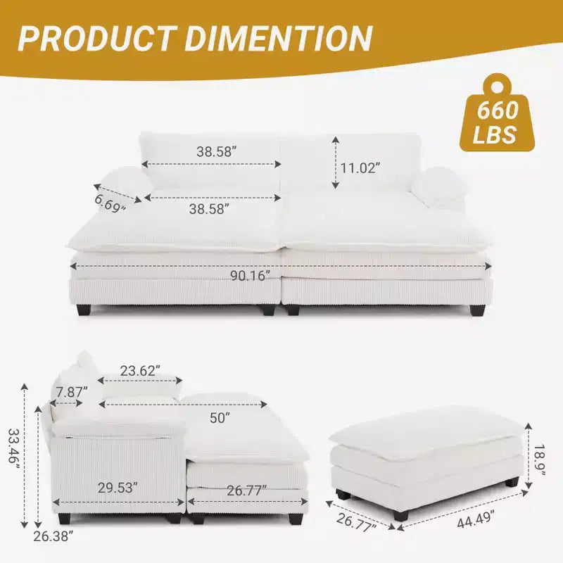 90" Off-White Corduroy Modular Cloud Couch with Ottoman