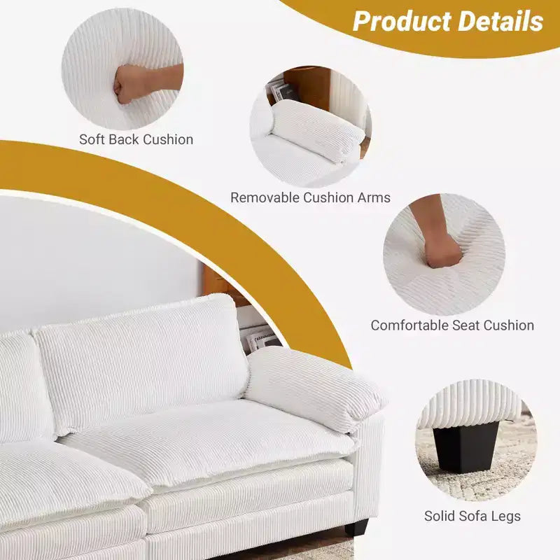 90" Off-White Corduroy Modular Cloud Couch with Ottoman