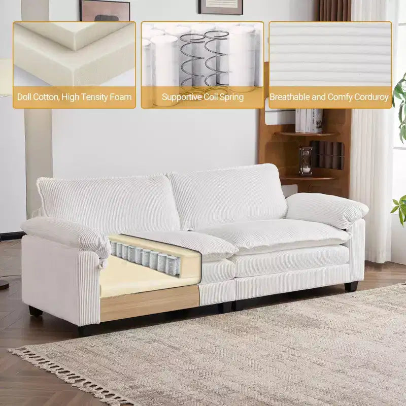 90" Off-White Corduroy Modular Cloud Couch with Ottoman