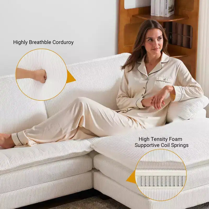 90" Off-White Corduroy Modular Cloud Couch with Ottoman