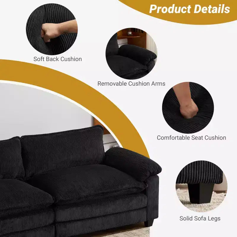 90" Off-White Corduroy Modular Cloud Couch with Ottoman