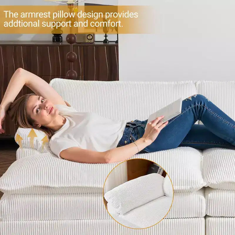 90" Off-White Corduroy Modular Cloud Couch with Ottoman