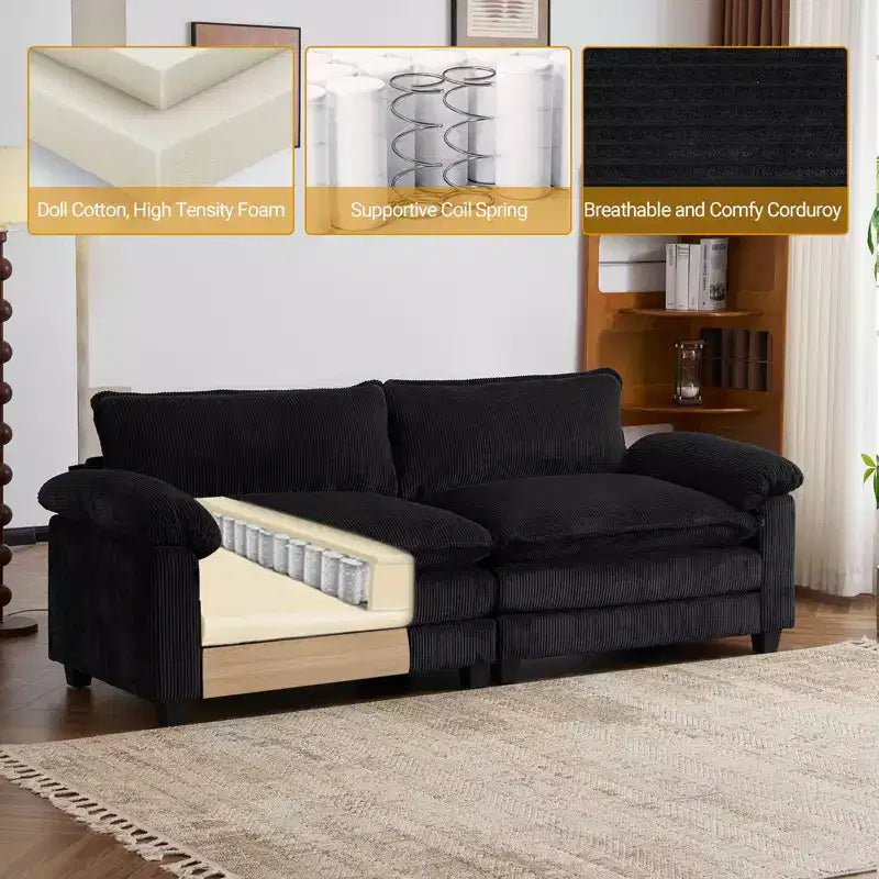 90" Off-White Corduroy Modular Cloud Couch with Ottoman