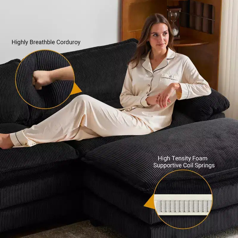 90" Off-White Corduroy Modular Cloud Couch with Ottoman