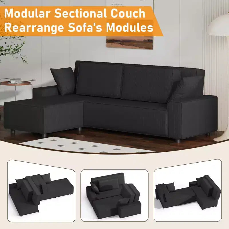 96" L-Shaped Corduroy Sectional Sofa with Chaise, Deep Seat