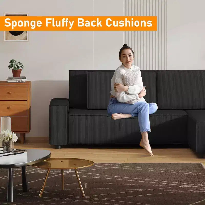 96" L-Shaped Corduroy Sectional Sofa with Chaise, Deep Seat