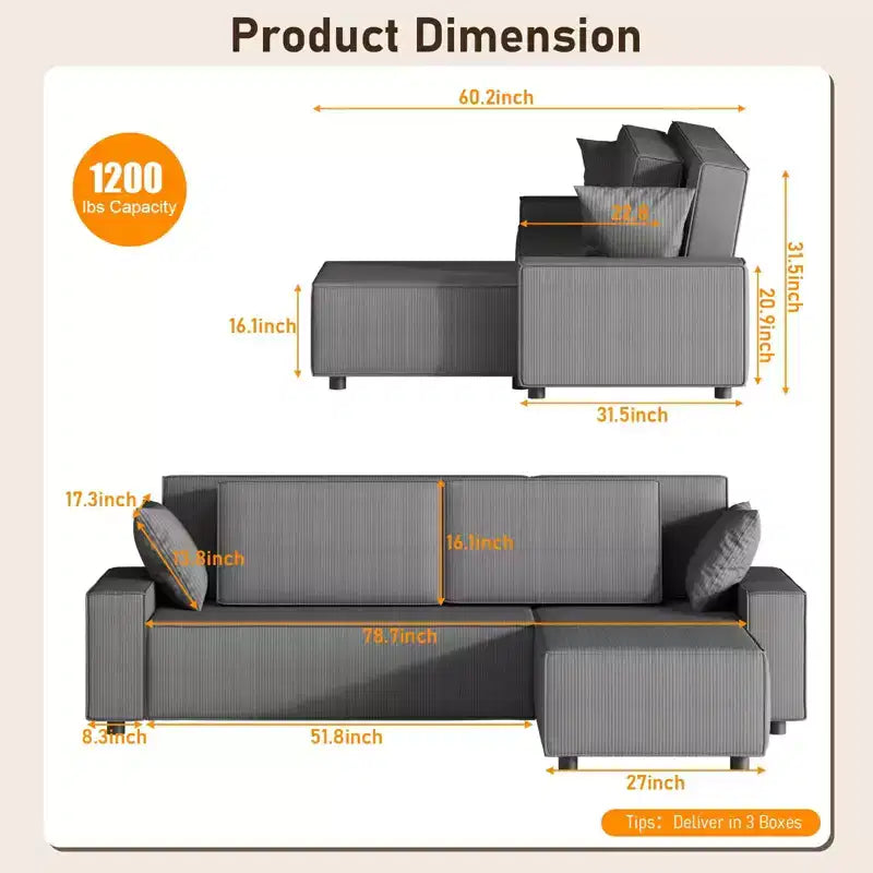96" L-Shaped Corduroy Sectional Sofa with Chaise, Deep Seat