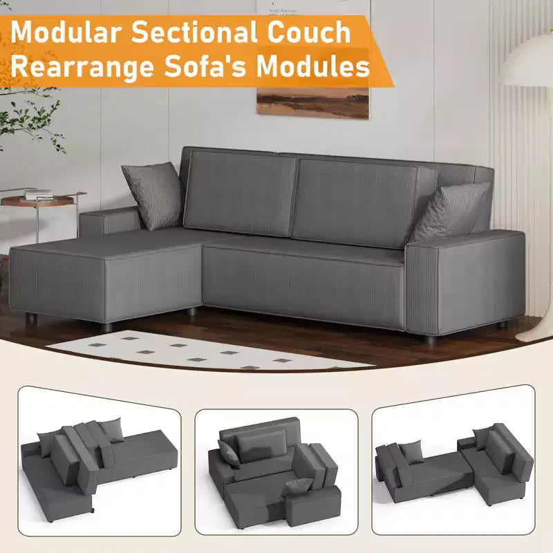 96" L-Shaped Corduroy Sectional Sofa with Chaise, Deep Seat