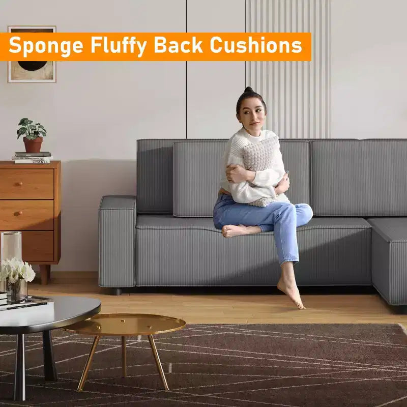 96" L-Shaped Corduroy Sectional Sofa with Chaise, Deep Seat