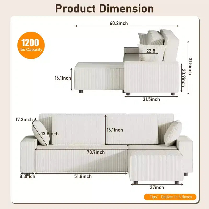 96" L-Shaped Corduroy Sectional Sofa with Chaise, Deep Seat