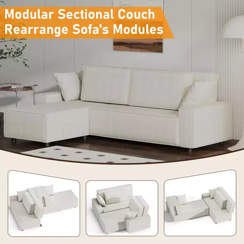 96" L-Shaped Corduroy Sectional Sofa with Chaise, Deep Seat