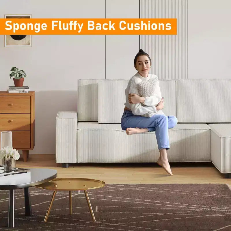 96" L-Shaped Corduroy Sectional Sofa with Chaise, Deep Seat