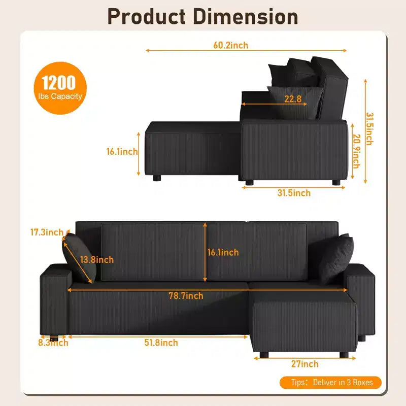 96" L-Shaped Corduroy Sectional Sofa with Chaise, Deep Seat