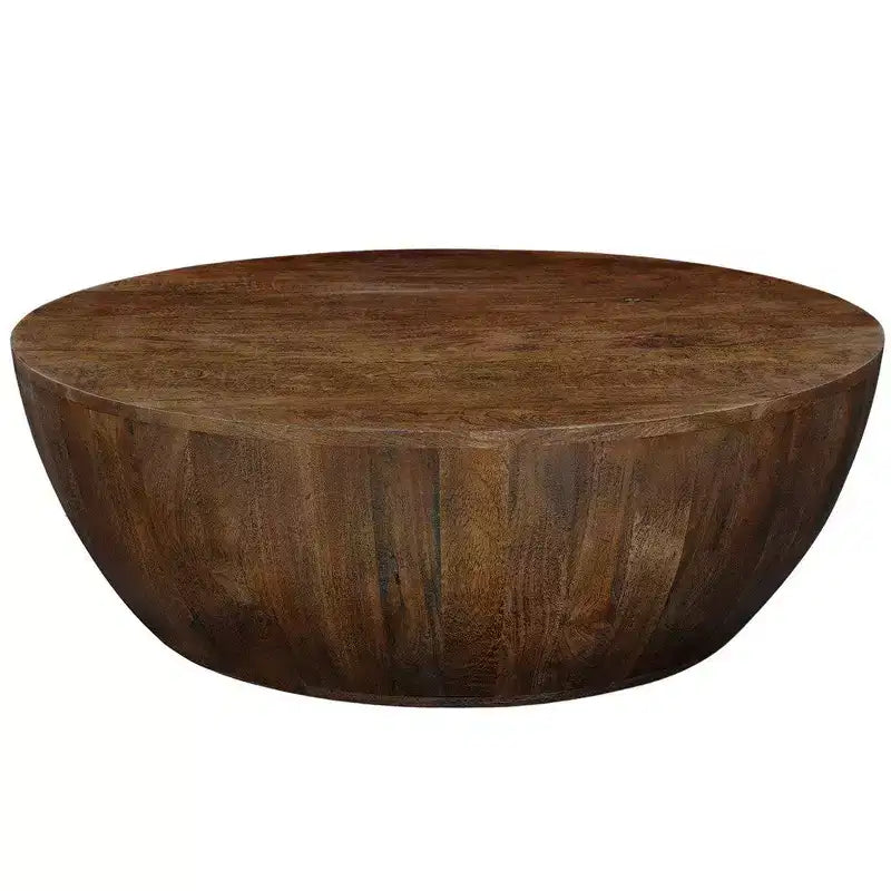 35.5" Round Drum Mango Wood Coffee Table, Walnut Brown