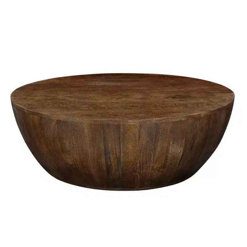 35.5" Round Drum Mango Wood Coffee Table, Walnut Brown