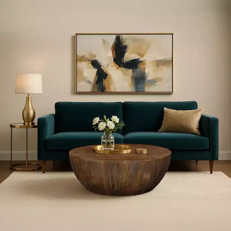 35.5" Round Drum Mango Wood Coffee Table, Walnut Brown