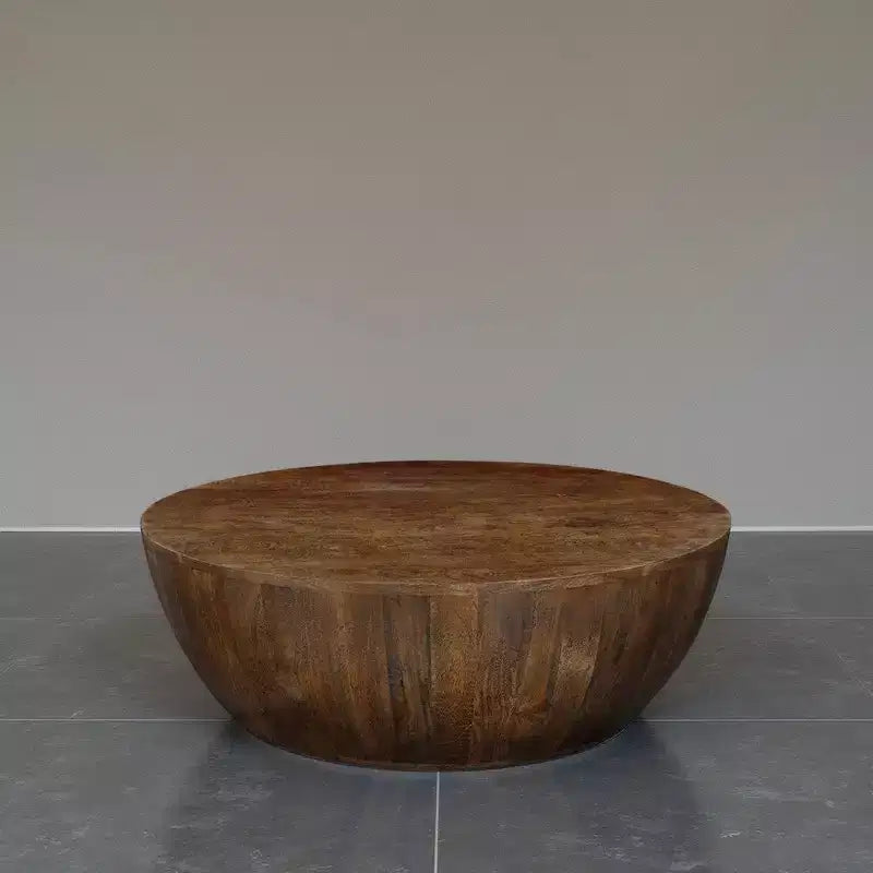 35.5" Round Drum Mango Wood Coffee Table, Walnut Brown