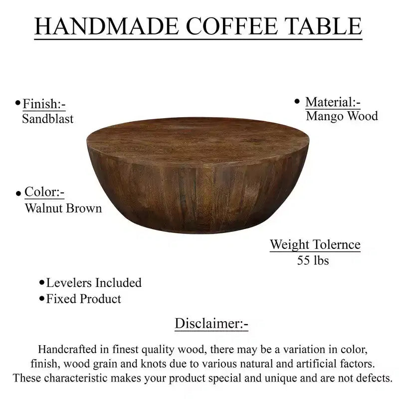 35.5" Round Drum Mango Wood Coffee Table, Walnut Brown