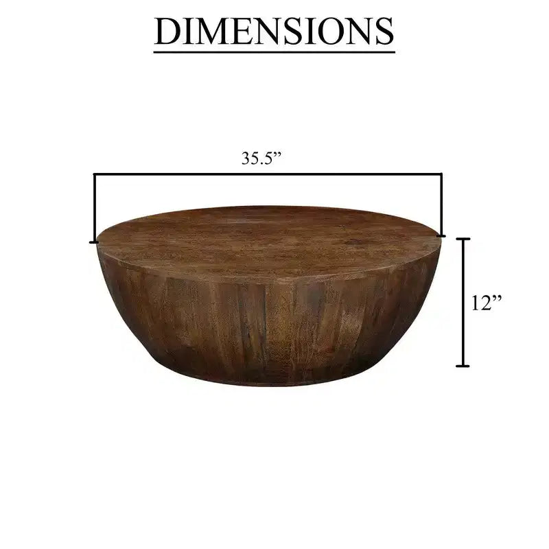 35.5" Round Drum Mango Wood Coffee Table, Walnut Brown